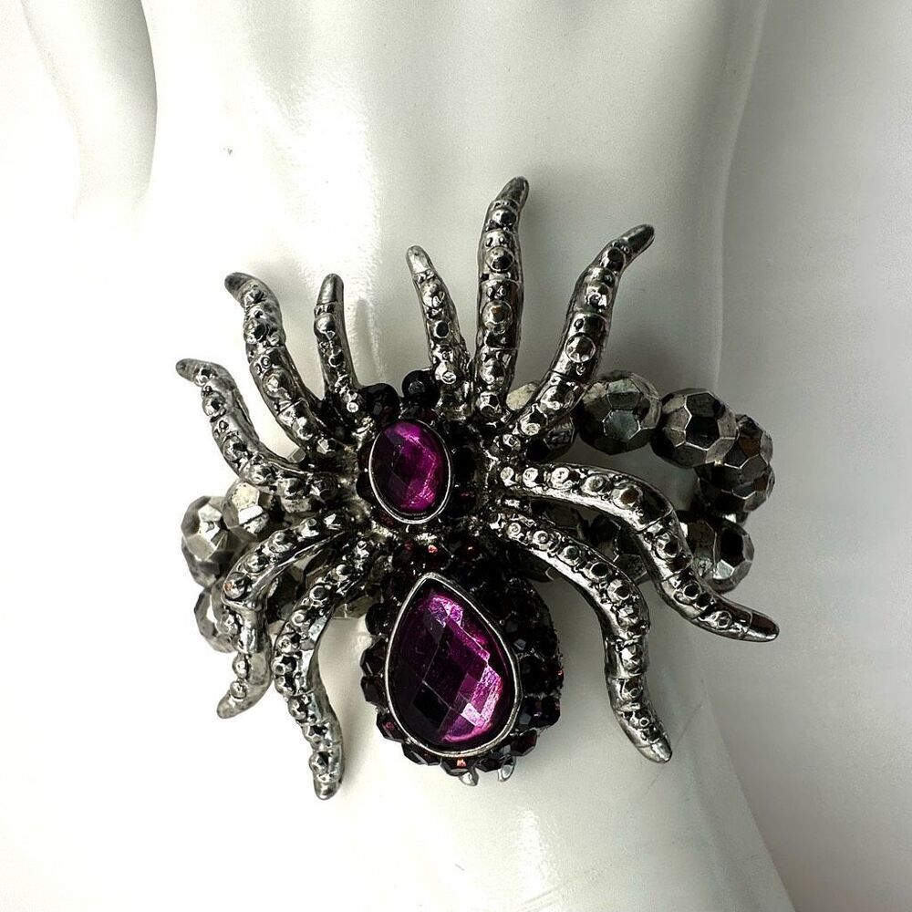 Silver tone purple rhinestone spider bracelets